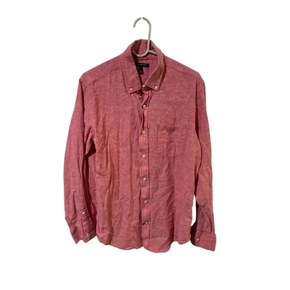 Banana Republic Shirt Mens Large Pink Linen Blend Button Up Long Sleeve Work‎